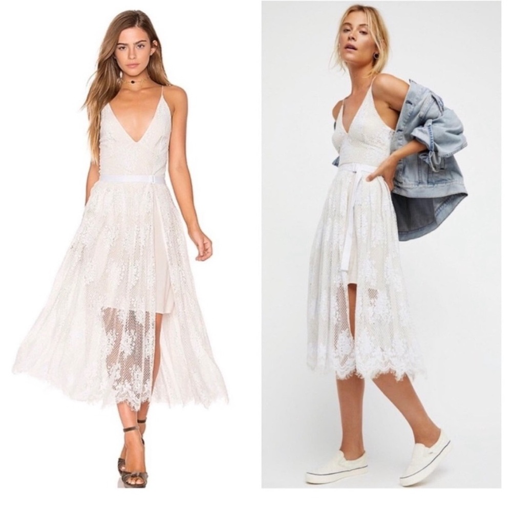 Free People Matchpoint Midi Lace Dress in Ivory Combo